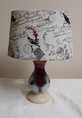 Mid-Century German Table Lamp with Purple-Pave Ceramic Foot and Printed Oval Fabric Umbrella, 1950s-HOI-1785812