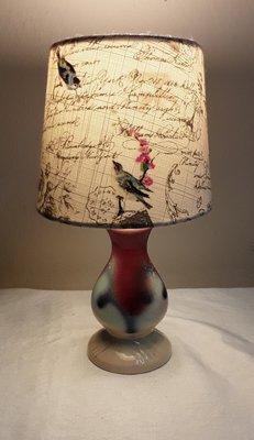 Mid-Century German Table Lamp with Purple-Pave Ceramic Foot and Printed Oval Fabric Umbrella, 1950s-HOI-1785812