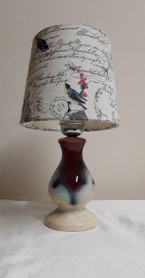 Mid-Century German Table Lamp with Purple-Pave Ceramic Foot and Printed Oval Fabric Umbrella, 1950s-HOI-1785812