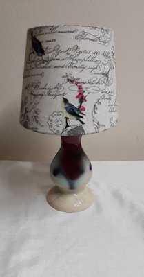 Mid-Century German Table Lamp with Purple-Pave Ceramic Foot and Printed Oval Fabric Umbrella, 1950s-HOI-1785812