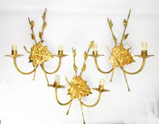 Mid-Century Gilded Iron Sconces, 1950s, Set of 3-ZVO-555209