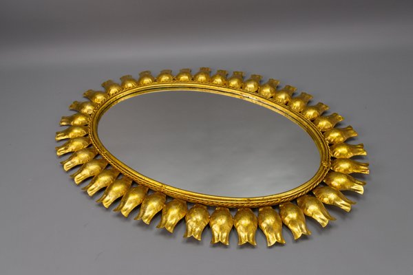 Mid-Century Gilt Metal Oval Sunburst Wall Mirror, 1950s-KEG-1754138