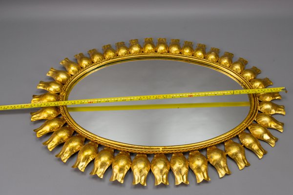 Mid-Century Gilt Metal Oval Sunburst Wall Mirror, 1950s-KEG-1754138