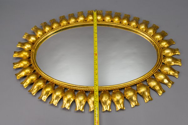 Mid-Century Gilt Metal Oval Sunburst Wall Mirror, 1950s-KEG-1754138