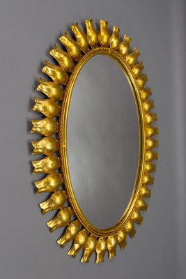 Mid-Century Gilt Metal Oval Sunburst Wall Mirror, 1950s-KEG-1754138