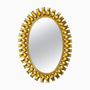 Mid-Century Gilt Metal Oval Sunburst Wall Mirror, 1950s-KEG-1754138