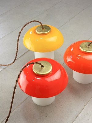 Mid-Century Glass and Brass Mushroom Pendant Lamps, Set of 2-HGJ-1440899