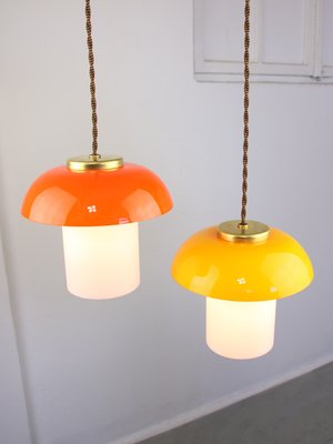 Mid-Century Glass and Brass Mushroom Pendant Lamps, Set of 2-HGJ-1440899