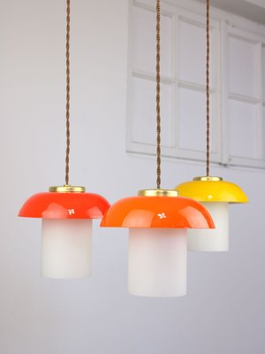 Mid-Century Glass and Brass Mushroom Pendant Lamps, Set of 3-HGJ-1440906