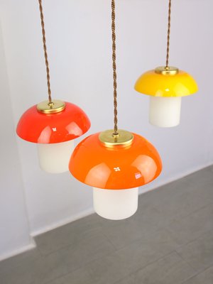 Mid-Century Glass and Brass Mushroom Pendant Lamps, Set of 3-HGJ-1440906