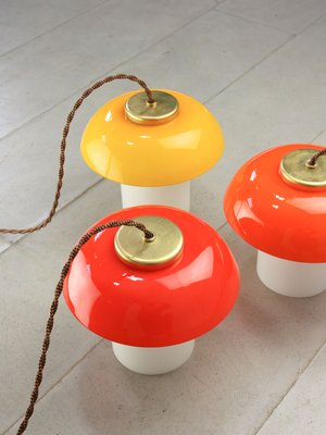 Mid-Century Glass and Brass Mushroom Pendant Lamps, Set of 3-HGJ-1440906