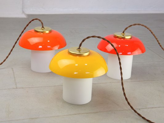 Mid-Century Glass and Brass Mushroom Pendant Lamps, Set of 3-HGJ-1440906