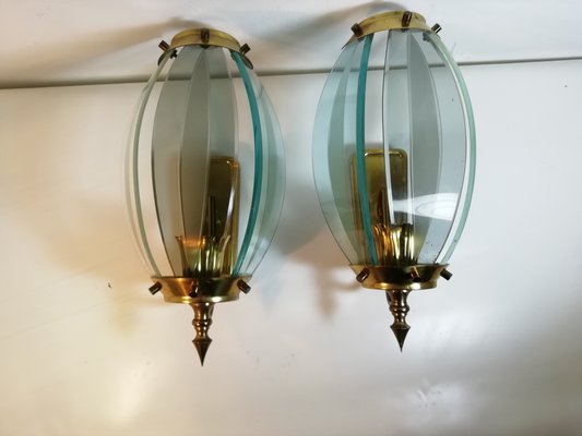 Mid-Century Glass and Brass Sconces, Italy, 1960s, Set of 2-HNE-1062546