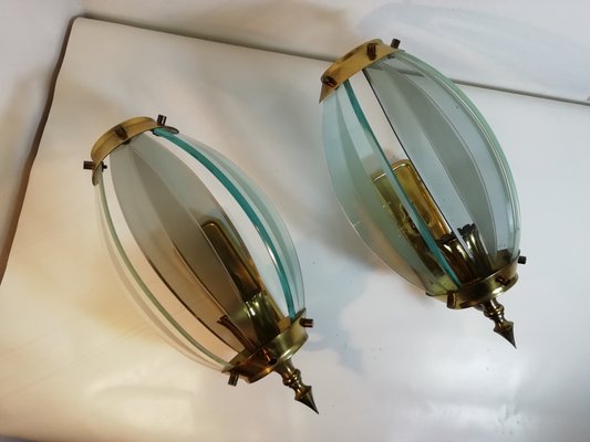 Mid-Century Glass and Brass Sconces, Italy, 1960s, Set of 2-HNE-1062546