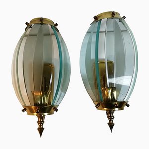 Mid-Century Glass and Brass Sconces, Italy, 1960s, Set of 2-HNE-1062546