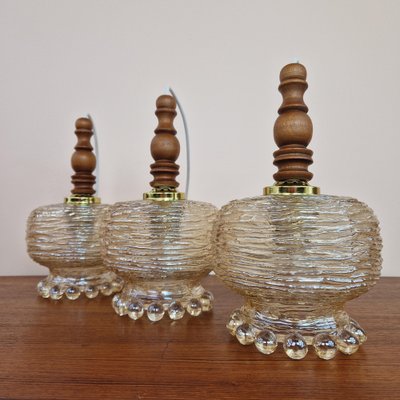 Mid-Century Glass and Wood Pendant Lamps, 1960s, Set of 3-ZPB-1797416