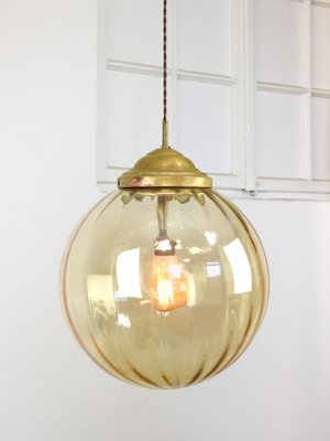 Mid-Century Globe Pendant in Yellow Glass and Brass-HGJ-1299416