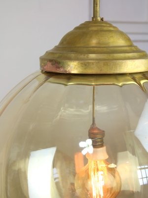 Mid-Century Globe Pendant in Yellow Glass and Brass-HGJ-1299416