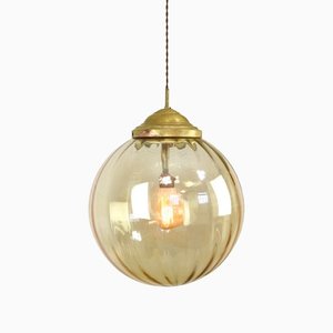 Mid-Century Globe Pendant in Yellow Glass and Brass-HGJ-1299416