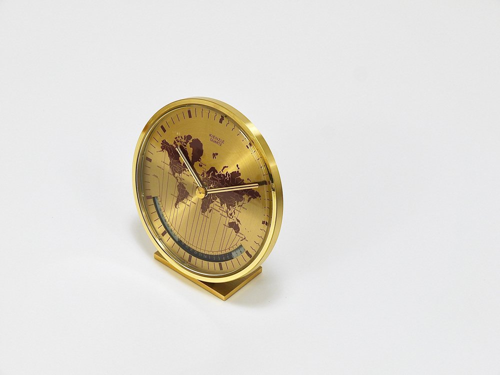 Mid-Century GMT World Time Zone Brass Table Clock, Germany attributed to Wilhelm Kienzle, 1960s