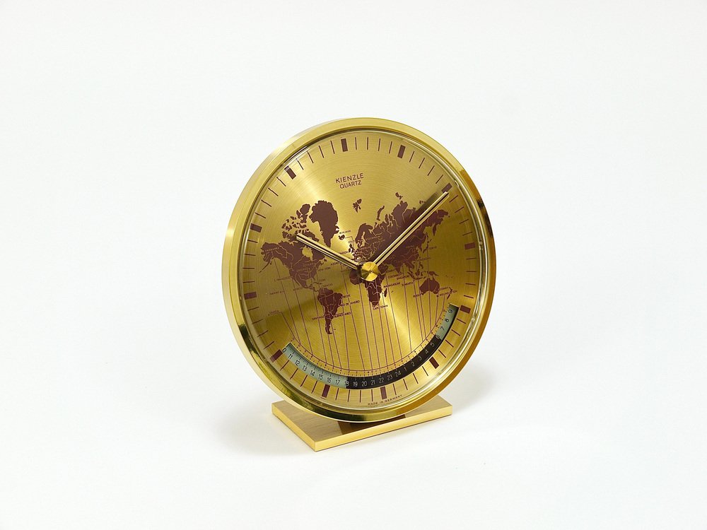 Mid-Century GMT World Time Zone Brass Table Clock, Germany attributed to Wilhelm Kienzle, 1960s