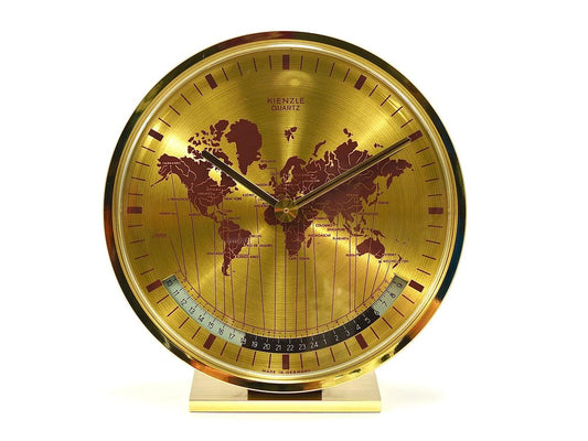 Mid-Century GMT World Time Zone Brass Table Clock, Germany attributed to Wilhelm Kienzle, 1960s