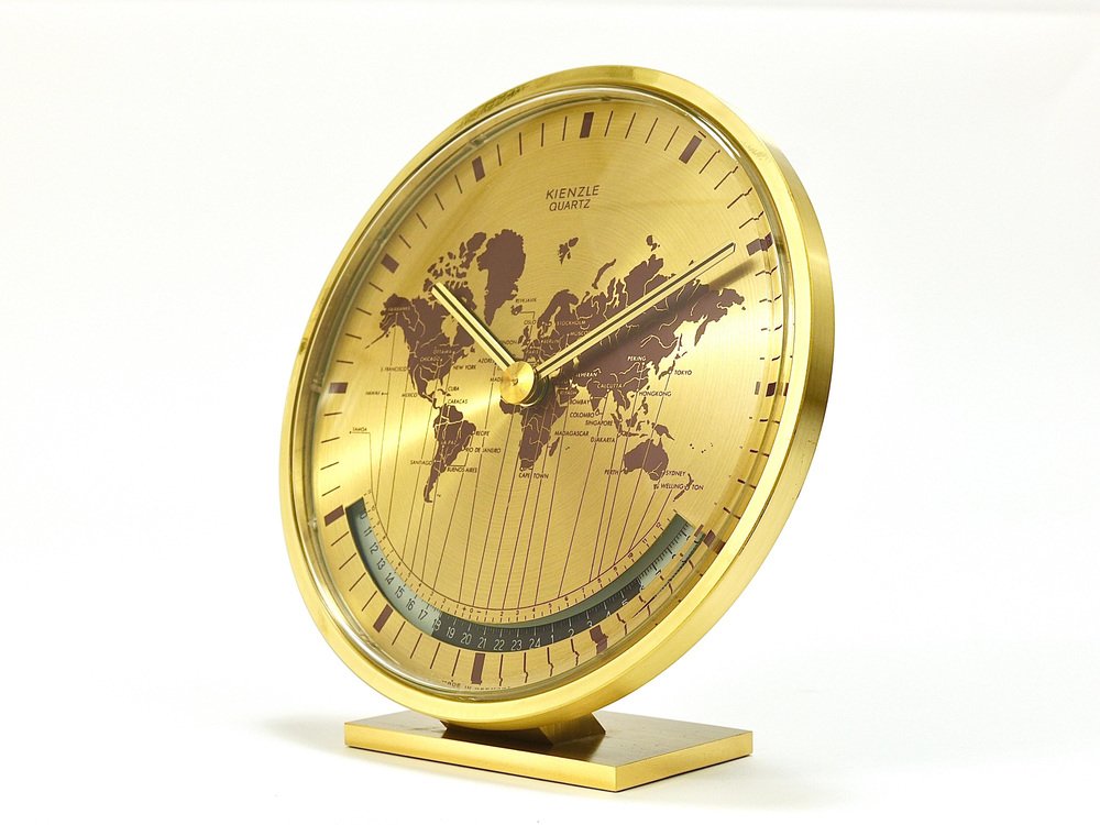 Mid-Century GMT World Time Zone Brass Table Clock, Germany attributed to Wilhelm Kienzle, 1960s