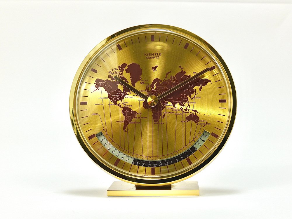 Mid-Century GMT World Time Zone Brass Table Clock, Germany attributed to Wilhelm Kienzle, 1960s