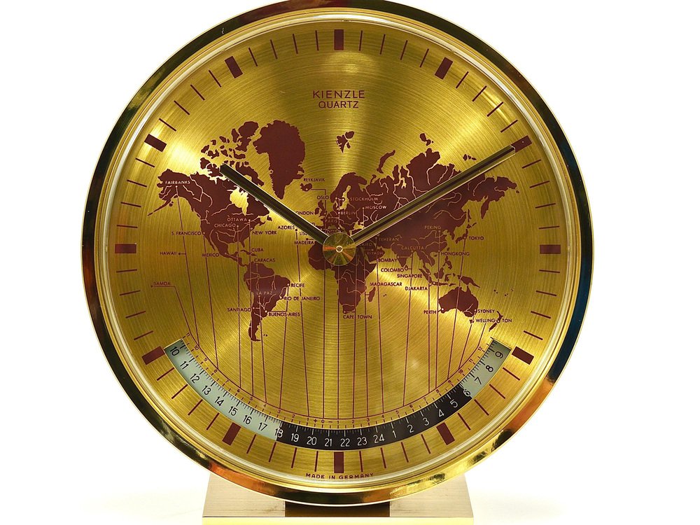 Mid-Century GMT World Time Zone Brass Table Clock, Germany attributed to Wilhelm Kienzle, 1960s