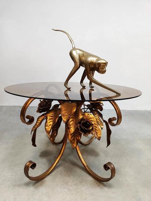 Mid-Century Gold Gilded Coffee Table Bouquet of Roses, 1960s-BW-2036510