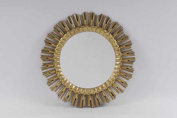 Mid-Century Golden Sunburst Wood Mirror, 1950s-KQB-1452666