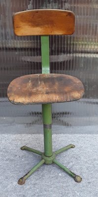 Mid-Century Green Painted Iron Frame & Beech Plywood Adjustable Workshop Swivel Chair, 1950s-HOI-919653