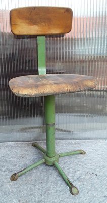 Mid-Century Green Painted Iron Frame & Beech Plywood Adjustable Workshop Swivel Chair, 1950s-HOI-919653