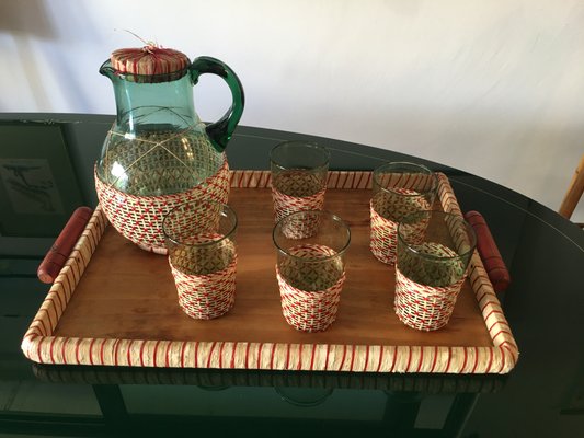 Mid-Century Green Table Glass Set with Beige & Red Raffia Weave Handles and Base, Set of 7-GGK-702594