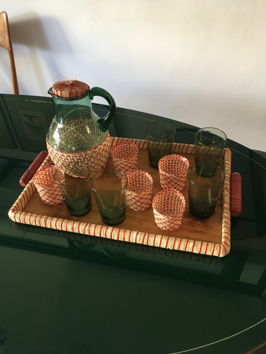 Mid-Century Green Table Glass Set with Beige & Red Raffia Weave Handles and Base, Set of 7