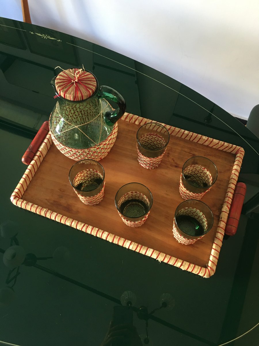 Mid-Century Green Table Glass Set with Beige & Red Raffia Weave Handles and Base, Set of 7