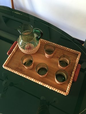 Mid-Century Green Table Glass Set with Beige & Red Raffia Weave Handles and Base, Set of 7-GGK-702594