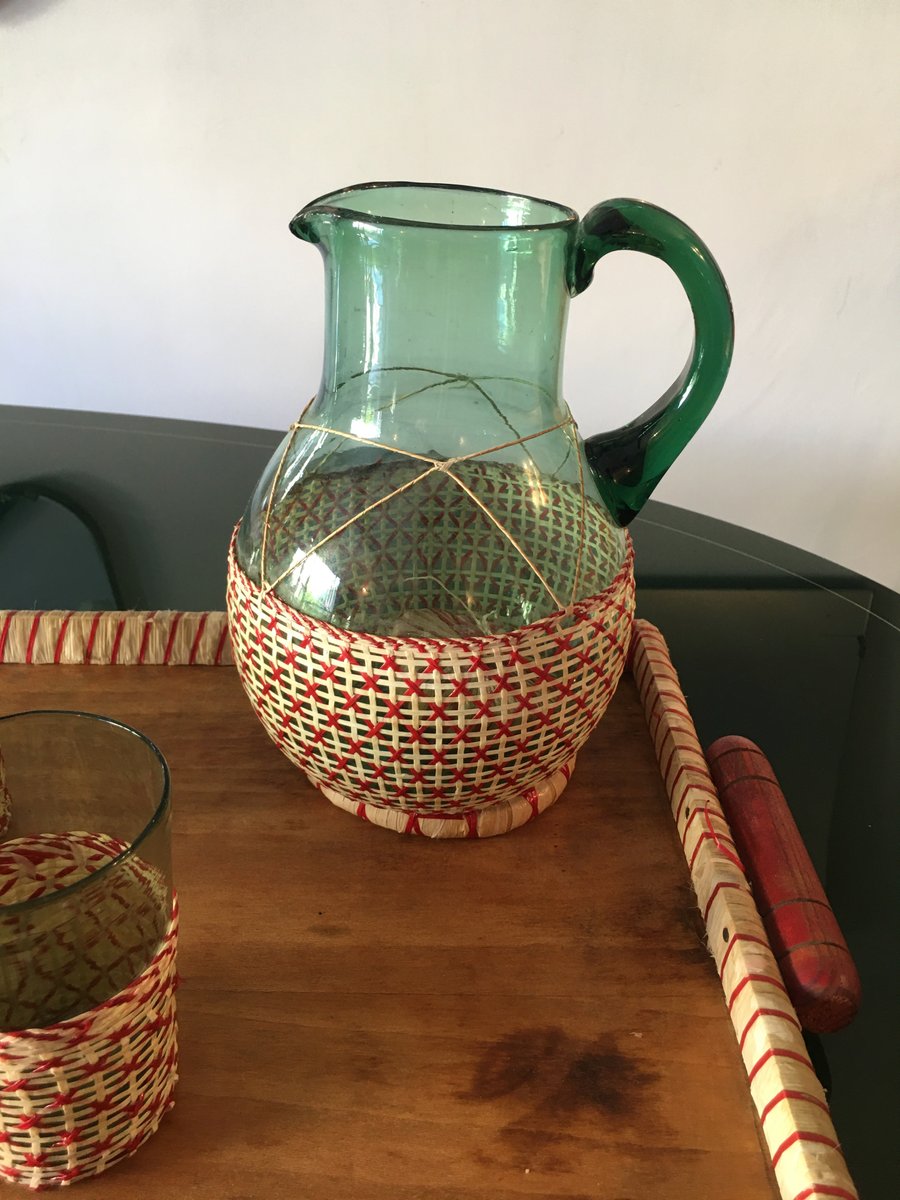 Mid-Century Green Table Glass Set with Beige & Red Raffia Weave Handles and Base, Set of 7