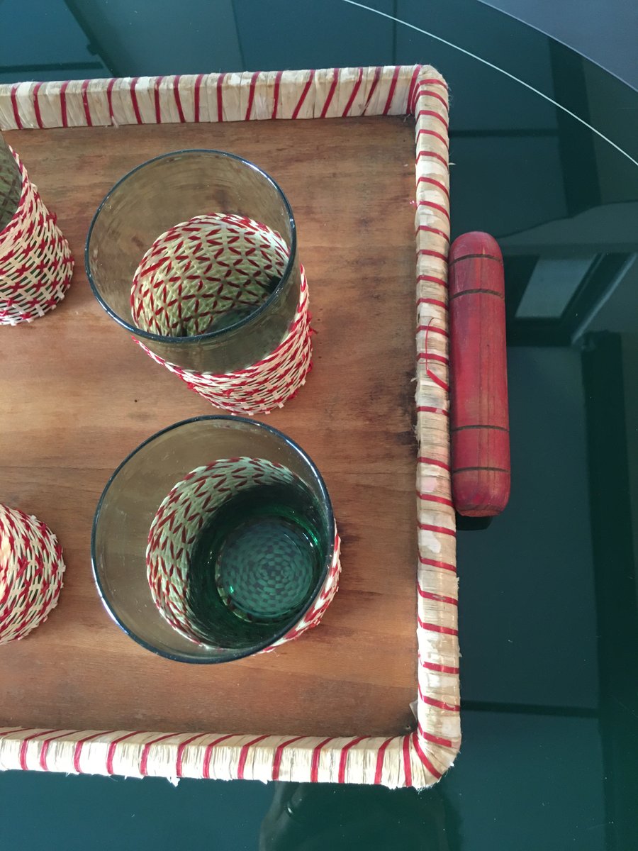 Mid-Century Green Table Glass Set with Beige & Red Raffia Weave Handles and Base, Set of 7