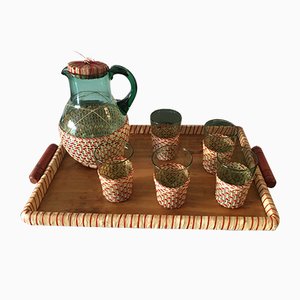 Mid-Century Green Table Glass Set with Beige & Red Raffia Weave Handles and Base, Set of 7-GGK-702594