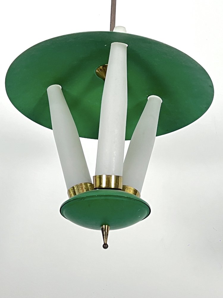 Mid-Century Green Three Opaline Glasses Lantern, Italy, 1950s