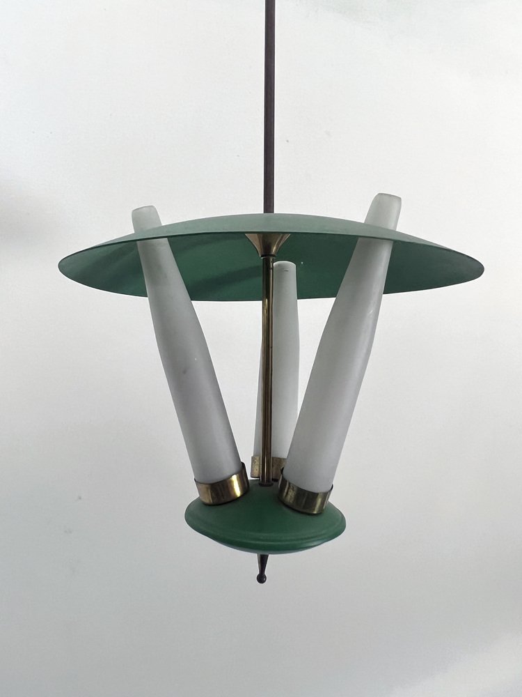 Mid-Century Green Three Opaline Glasses Lantern, Italy, 1950s