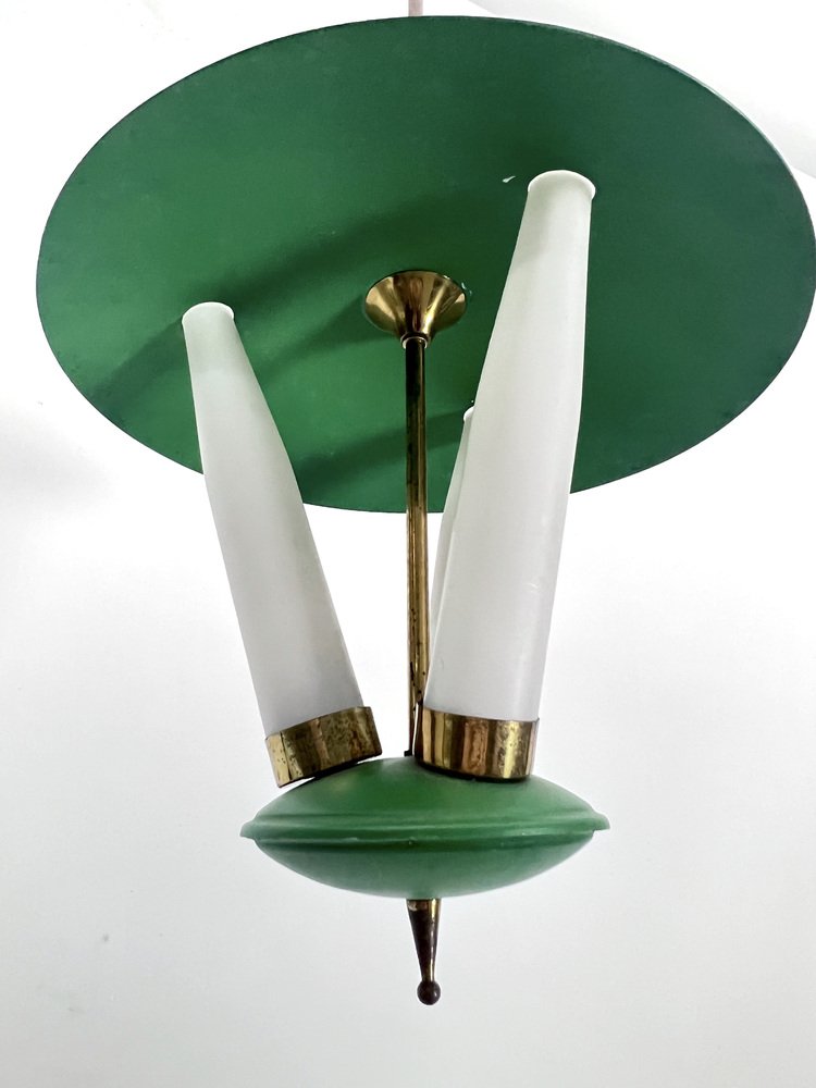 Mid-Century Green Three Opaline Glasses Lantern, Italy, 1950s