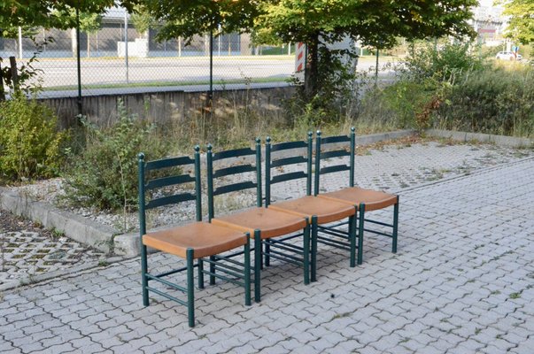 Mid-Century Green Vegetal Cognac Leather Saddle Dining Chairs, Finland, 1950s, Set of 4-UF-1371999