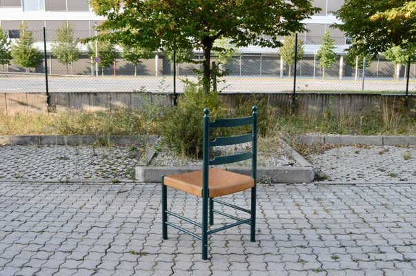 Mid-Century Green Vegetal Cognac Leather Saddle Dining Chairs, Finland, 1950s, Set of 4-UF-1371999