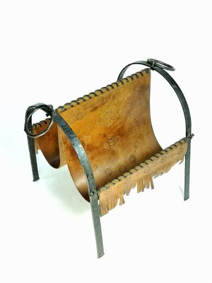 Mid-Century Hand Made Cow Leather and Wrought Iron Magazine Holder, 1970s-UWE-910491