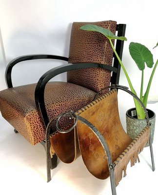 Mid-Century Hand Made Cow Leather and Wrought Iron Magazine Holder, 1970s-UWE-910491