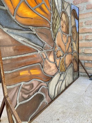 Mid-Century Handmade Glass Painted & Iron Fire Screen-NOU-808486