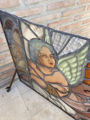 Mid-Century Handmade Glass Painted & Iron Fire Screen-NOU-808486