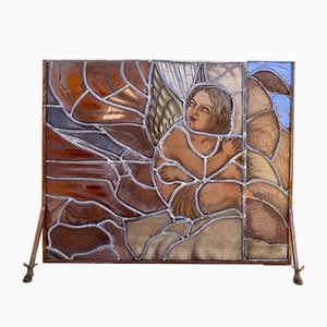 Mid-Century Handmade Glass Painted & Iron Fire Screen-NOU-808486